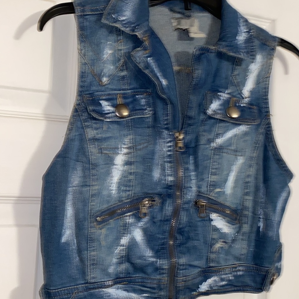 Miss Lili Blue Distressed Customized Splattered Paint Jean Vest Jacket - Picture 3 of 11